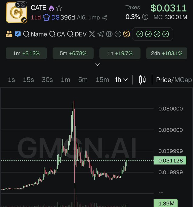 A cryptocurrency price chart for token 'CATE' displays a price of $0.0311 with significant volatility, showing gains of 19.7% in 1 hour and 103.1% in 24 hours, overlaid with 'GMGN.AI' watermark.