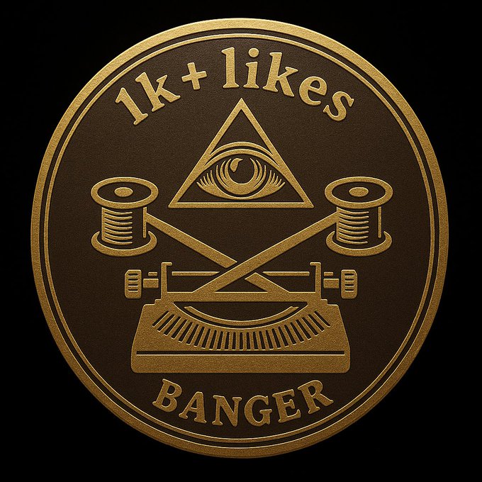 A gold emblem badge on a black background featuring an eye-in-triangle, sewing spools, and a printing press, with the text '1k+ likes' at the top and 'BANGER' at the bottom.