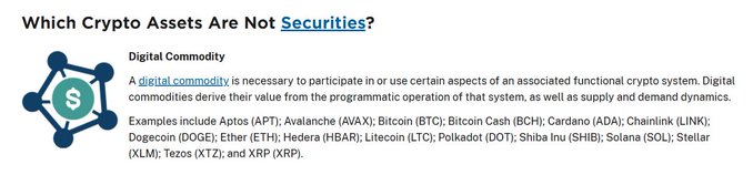 The image displays a chart titled "Which Crypto Assets Are Not Securities?" explaining digital commodities and listing 16 example tokens including APTOS (AVAX), Bitcoin (BTC), Bitcoin Cash (BCH), Cardano (ADA), Chainlink (LINK), Dogecoin (DOGE), Ether (ETH), Hedera (HBAR), Litecoin (LTC), Polkadot (DOT), Shiba Inu (SHIB), Solana (SOL), Stellar (XLM), Tezos (XTZ), and XRP (XRP). The post notes that Aptos is listed at the top among these SEC-recognized digital commodities, contrasting with Sui's absence from this list, suggesting Aptos has stronger regulatory standing in the US.
