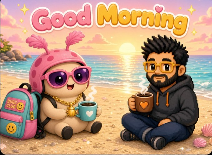 A colorful cartoon 'Good Morning' greeting showing a pink bug-like character in sunglasses and a bearded man in glasses, both holding mugs of coffee on a beach at sunset.