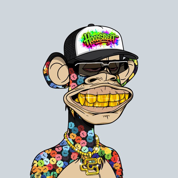 A cartoon illustration of a monkey wearing a 'Hoodstreet' trucker hat, sunglasses, and gold grills, featuring a colorful monogram pattern on its fur and wearing gold chains.