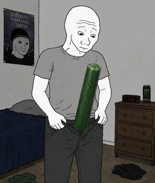 The image features a cartoon man wearing a gray shirt, holding a green candle that appears to be a giant candle stick or a super long candle. The room has a bed with blue sheets and a nightstand next to it. There are also two clocks in the scene - one on top of the nightstand and another on the wall above it. The post reads "DAY 7 OF COSPLAYING $WOJAK TILL 1B MARKET CAP".
