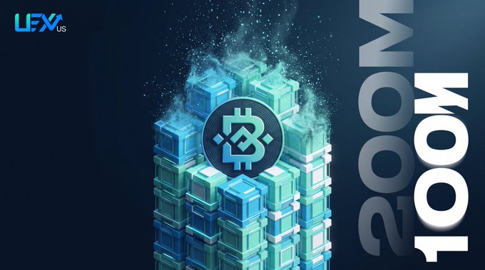 The image features a "LFX US" logo in the top left, a tower of blue and teal cubes with the Bitcoin "₿" symbol at its center, and vertical "MOON 2001" text on the right side. Its crypto-themed visuals (stacked coins and the Bitcoin emblem) complement the post's discussion of BNB's token burns and its evolving role beyond just a trading fee discount.