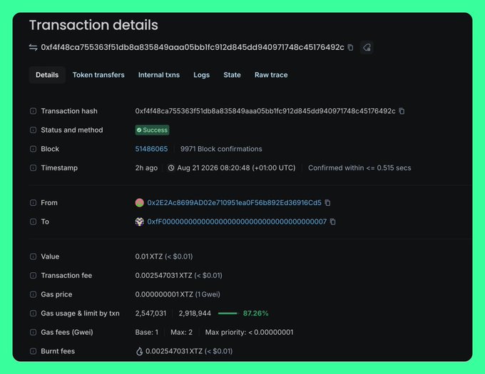 A transaction details page showing a successful blockchain transaction with hash 0xf4f48ca755363f51db8a835849aaa05bb1fc912d845dd940971748c45176492c, transferring 0.01 XTZ with a gas fee of 0.01.