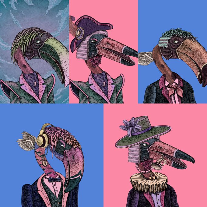 Five illustrated flamingo characters with human-like features wearing different outfits and accessories including a tricorn hat, wig, and headphones.