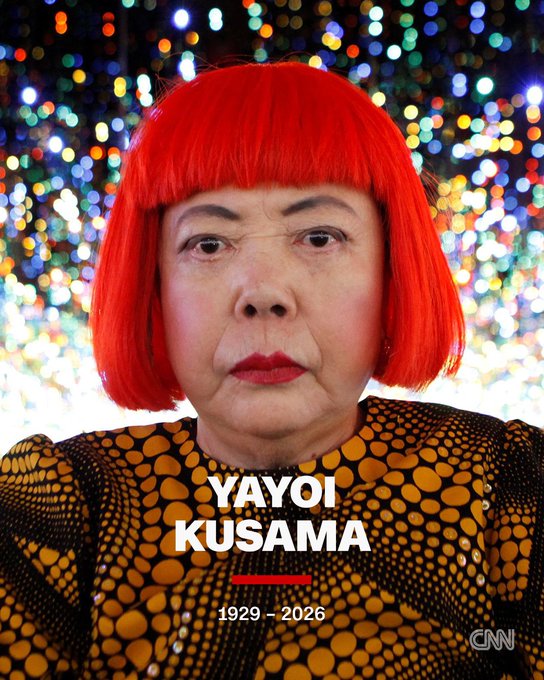 A CNN memorial portrait of artist Yayoi Kusama showing her iconic red bob hairstyle and patterned outfit, with text reading 'YAYOI KUSAMA 1929 – 2026' against a bokeh light background.