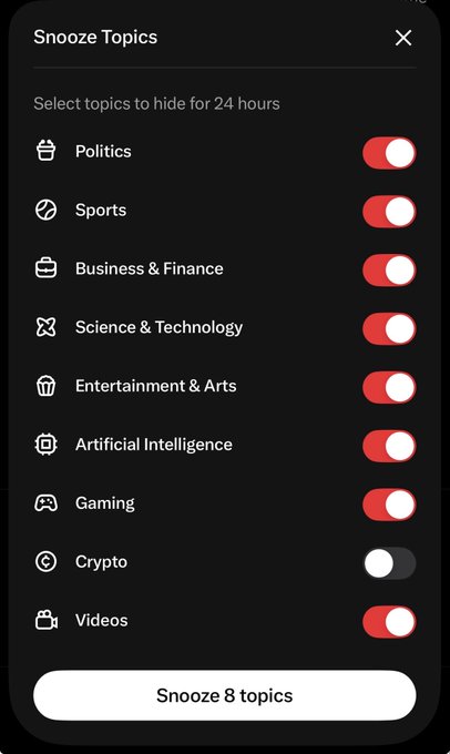 A mobile app screen titled 'Snooze Topics' with toggles for categories like Politics, Sports, and Crypto (which is toggled off), showing a 'Snooze 8 topics' button.