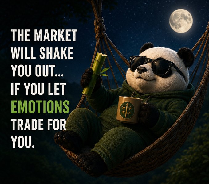A promotional graphic features a relaxed panda in sunglasses holding bamboo and a mug in a hammock under a full moon, with text: "THE MARKET WILL SHAKE YOU OUT... IF YOU LET EMOTIONS TRADE FOR YOU."