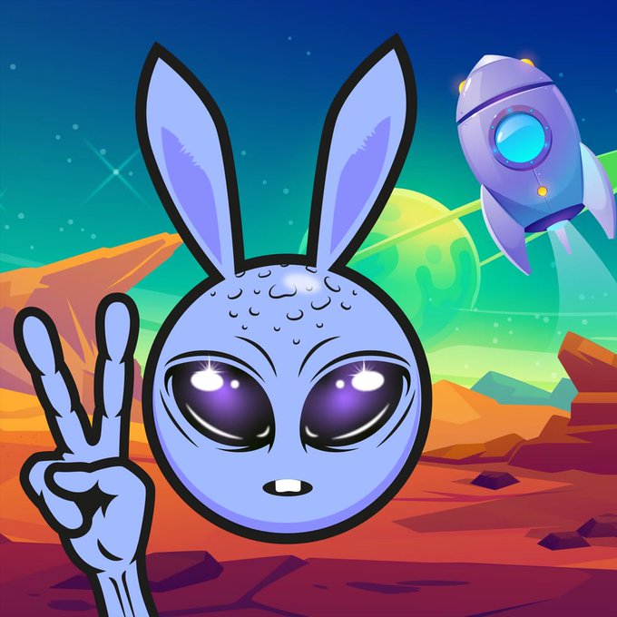A cartoon alien character with purple rabbit-like ears, big black eyes, and a peace sign, standing on a colorful alien planet landscape with a spaceship in the background.