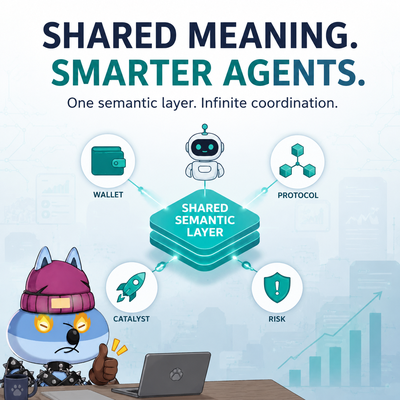 A promotional graphic with the text 'SHARED MEANING. SMARTER AGENTS. One semantic layer. Infinite coordination.' featuring icons representing Wallet, Protocol, Catalyst, and Risk connected through a central 'Shared Semantic Layer'.