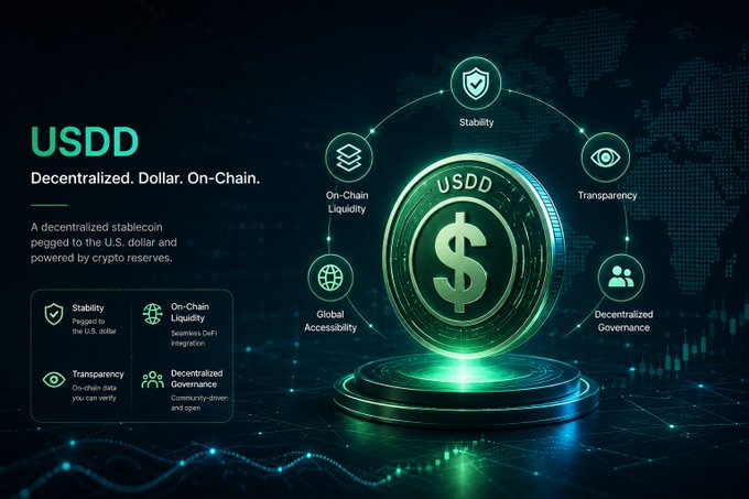 A promotional graphic for USDD stablecoin, described as 'Decentralized. Dollar. On-Chain.', featuring a glowing coin with surrounding icons highlighting stability, transparency, and decentralized governance.
