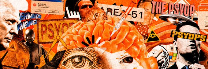 A chaotic orange-tinted collage referencing 'THE PSYOP' and 'PSYOPS', featuring cutout imagery including Albert Einstein, the all-seeing eye, a brain, a syringe, Alan Turing, an alien figure, and Windows UI elements.