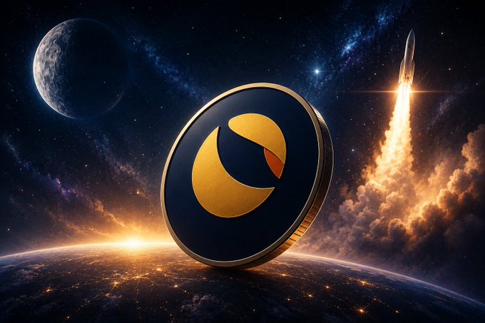A stylized gold and black $LUNC token floats above Earth with a crescent moon and rocket launching into the starry sky, visually symbolizing the cryptocurrency's ambitious "to the moon" market metrics and recent +70% YTD performance.