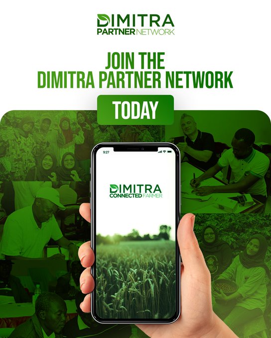 Promotional advertisement for "DIMITRA PARTNER NETWORK" urging viewers to "JOIN THE DIMITRA PARTNER NETWORK TODAY," featuring a smartphone displaying the "DIMITRA Connected Farmer" app over a green agricultural background.
