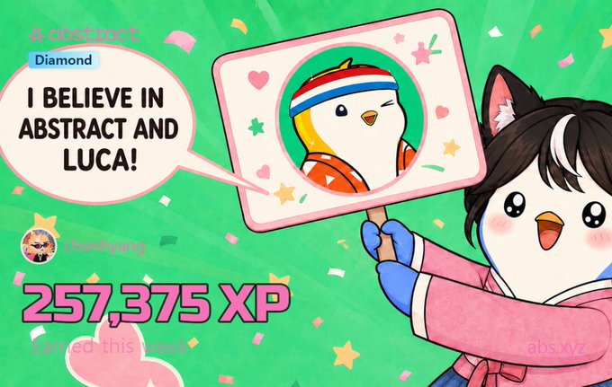 A colorful promotional graphic for 'abstract Diamond' showing cartoon penguin/cat characters with text 'I BELIEVE IN ABSTRACT AND LUCA!' and '257,375 XP Earned this week' from user 'chunkygang'.