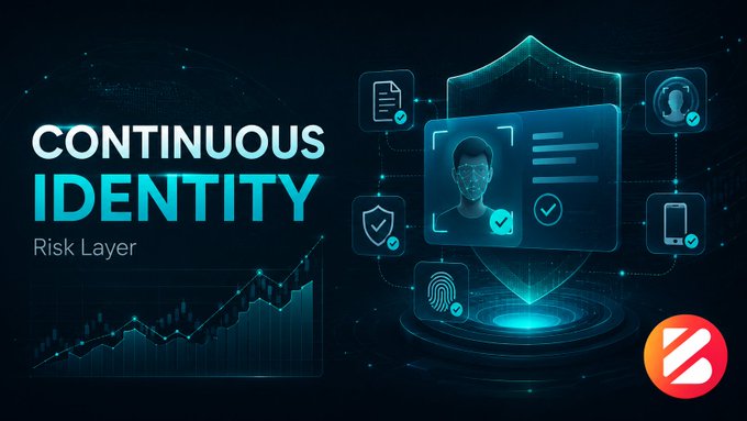 Promotional graphic with text 'CONTINUOUS IDENTITY Risk Layer' showing a digital shield with biometric and identity verification icons on a dark blue background.
