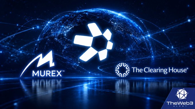 The image displays "Murex" and "The Clearing House" logos against a blue digital globe backdrop with the Overledger "X" symbol, referencing post-quantum partnerships that handle over $1 trillion in daily financial transactions. The graphic visualizes Quant's enterprise integrations with major banking infrastructure platforms showcased at SIBOS 2026.