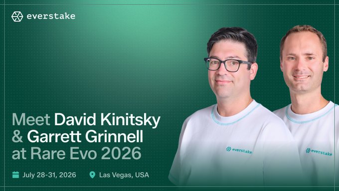 Everstake's David Kinitsky and Garrett Grinnell will be at Rare Evo 2026 in Las Vegas from July 28-31. This image promotes their appearance at the event, coinciding with the post's mention of their participation, referencing the "What happens in Vegas..." adage.