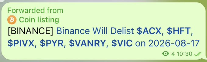 A screenshot of a forwarded message from a crypto news channel reading: '[BINANCE] Binance Will Delist $ACK, $HFT, $PIVX, $PYR, $VANRY, $VIC on 2026-08-17'.