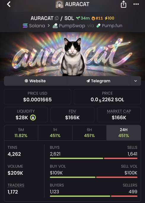 Screenshot of the AURACAT ($AURACAT) token page on the Solana blockchain via PumpSwap, showing a price of $0.0001665 (0.00002262 SOL), a market cap of $166K, liquidity of $28K, and 451% gains over 1H, 6H, and 24H with 1,172 active traders. The post highlights the token's rapid growth to the top 10 on DEX, reinforcing the "super early" bullish narrative with the address 6wfbCEwBDE8D75QaQCSgawiNfKwJDCyAYA32F768pump.