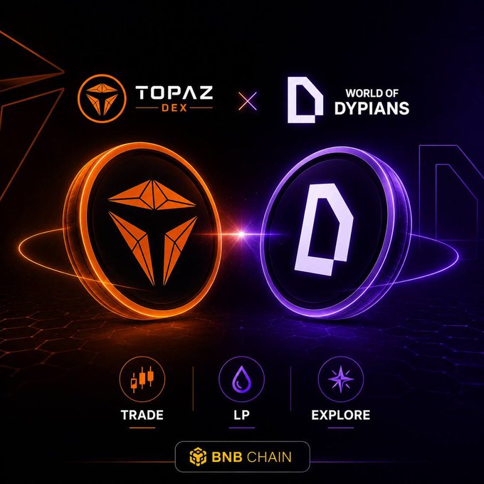 A promotional graphic announcing a collaboration between 'TOPAZ DEX' and 'WORLD OF DYPIANS', displaying their respective logos in orange and purple 3D discs, along with icons for 'TRADE', 'LP', and 'EXPLORE', powered by 'BNB CHAIN'.
