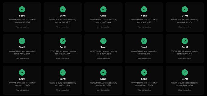 A grid of identical transaction confirmation cards displaying "Sent!" messages, each showing that 100,000 $RBULL was successfully sent to different Solana wallet addresses (cHz2...JCxj, nIql...rcAd, HM3...NtJo, BWc...8th, cbpy...23BF, yh3b...OE84, cJNv...AtKq, Arsp...NgTV, AS3r...3n4, oi5W...4Btv, wUdS...6hw9, oDpG...nOMk). The image documents successful airdrop distribution to the first 500 wallet recipients as promoted in the accompanying giveaway post.