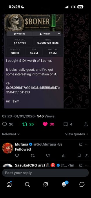 A dark-themed social media post promoting the cryptocurrency '$BONER', displaying a coin image, website and Twitter tabs, market data ($106K liquidity, $2.2M FDV, $2.2M market cap), and a contract address, with 546 views.