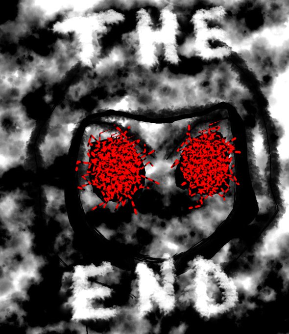An artistic black and white cloudy image with red splatters forming two circular shapes, with the text 'THE END' displayed at the top and bottom.