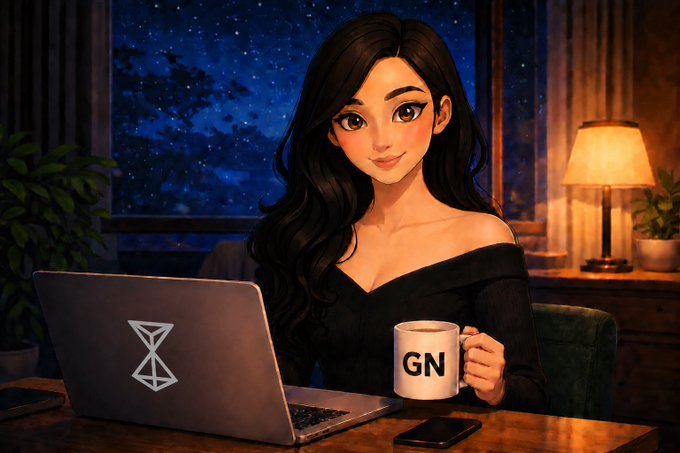 A young woman with long dark hair sits at a wooden desk holding a white mug labeled "GN," with a laptop and phone in front of her and a starry night sky visible through the window behind her, evoking the casual, cozy vibe of the "GN" (good night) greeting in the post.
