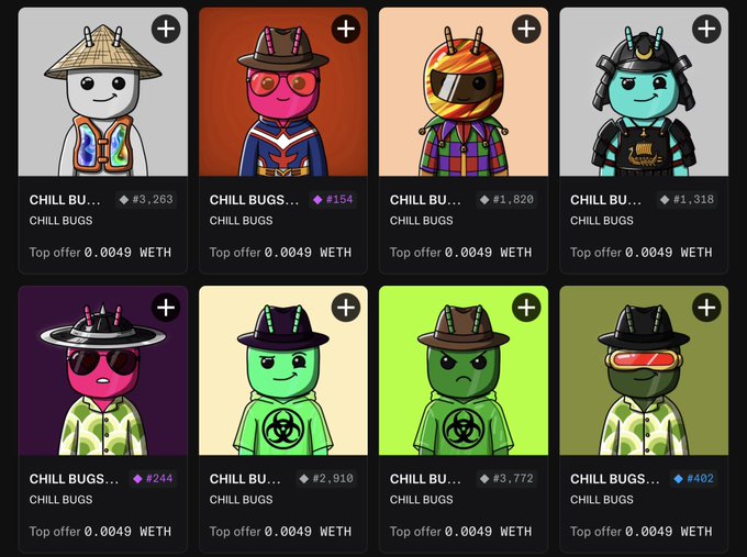 A grid of eight Chill Bugs NFT listings, each showing a top offer of 0.0049 WETH with various traits and edition numbers (#154, #244, #402, #492, #1,318, #1,820, #2,910, #3,263, #3,772). The image illustrates the post about sweeping multiple Chill Bugs NFTs from the collection.
