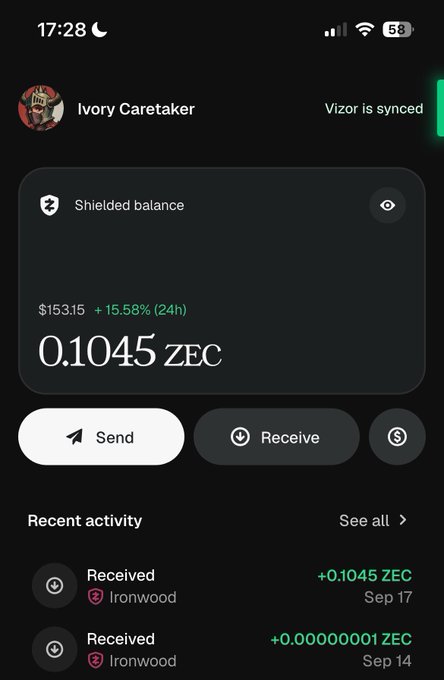 A Zashi cryptocurrency wallet app screenshot showing an 'Ivory Caretaker' profile with a shielded balance of 0.1045 ZEC (~$153.15, +15.58% 24h), 'Vizor is synced' status, and recent received transactions.