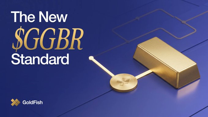 A promotional graphic for Goldfish titled "The New $GGBR Standard" features a gold bar and a token connected by a gold line against a blue background, visually symbolizing the simplified direct link between the $GGBR token and physical gold through the GGBR Trust.