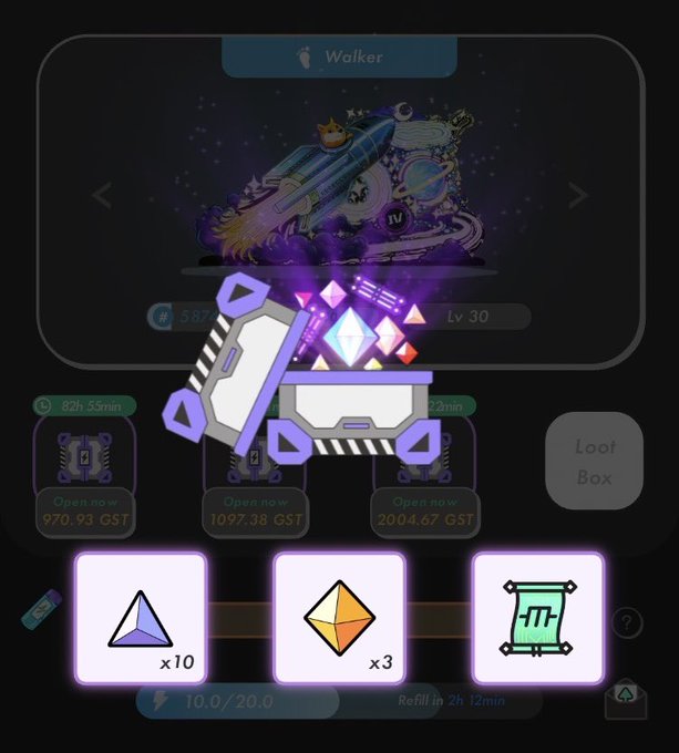 A mobile game interface showing a 'Walker' character at Lv 30 with loot boxes containing gems, displaying prices like 970.93 GST, 1097.38 GST, and 2004.67 GST.