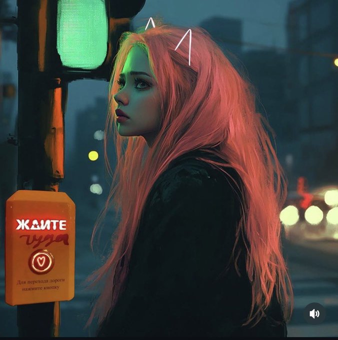 A cyberpunk-style digital artwork of a woman with neon pink hair and cat-ear headphones standing near a glowing green traffic light and a pedestrian crossing button reading 'ЖДИТЕ чуда'.