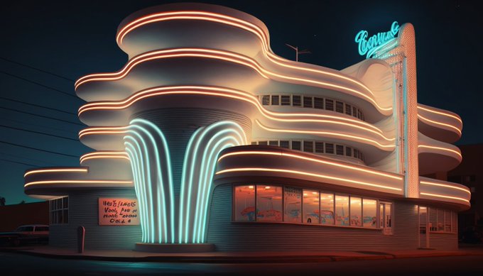 An art deco-style neon rendering of a diner at night with glowing teal and orange lights, featuring a sign for "HOT FUDGE."