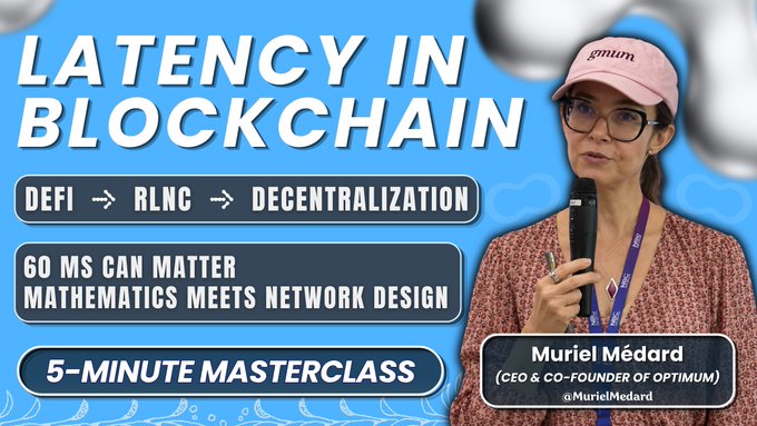 A thumbnail or graphic for a video titled 'LATENCY IN BLOCKCHAIN' featuring Muriel Médard, CEO & Co-Founder of Optimum, wearing a pink 'gmun' cap and speaking into a microphone.