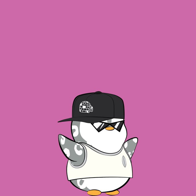 A cartoon illustration of a chubby penguin wearing a black cap, sunglasses, and a white tank top against a pink background.