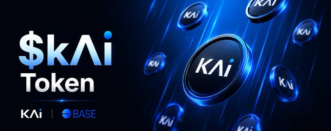 Promotional graphic for the $kAI Token featuring bold "$\kAI Token" text on the left and floating KAI-branded coins on the right, with logos for "KAI" and "BASE" at the bottom—visually highlighting the token's launch on Base via the o1 exchange, as described in the caption.