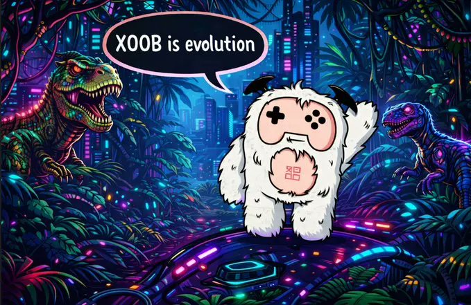 The image features a cartoon character dressed as a white dinosaur standing next to a green dinosaur, both of which are depicted in a jungle setting. The cartoon character has a speech bubble above its head that reads "XOOB is evolution". This suggests that the cartoon characters might be part of an evolving world or story, possibly related to the XOOB network and its creator campaign.