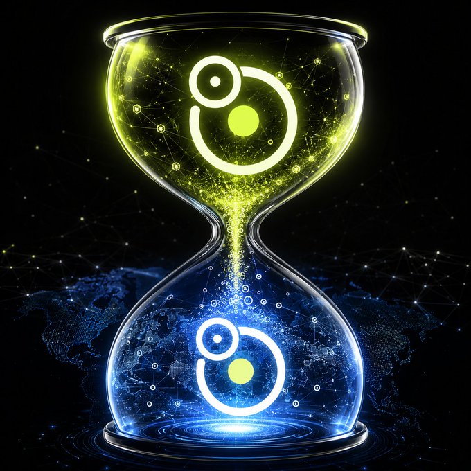 A glowing digital hourglass displays a tech-style logo transitioning between yellow (top) and blue (bottom), with particles flowing through the center against a dark background.