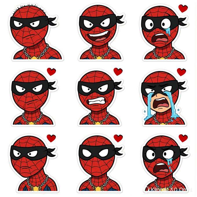 A sticker sheet features nine different cartoon expressions of a Spider-Man-like character wearing a bandana and gold chain, ranging from happy to crying.
