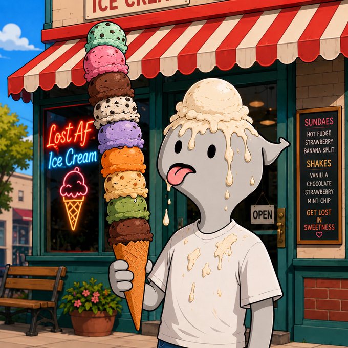 A cartoon ghost character with ice cream dripping from its head stands outside "Lost AF Ice Cream," holding a towering cone stacked with colorful scoops, fitting perfectly with the "gm everyone - life is better with extra scoops" vibe. The shop's chalkboard menu lists sundaes and shakes, reinforcing the playful, indulgent morning greeting.