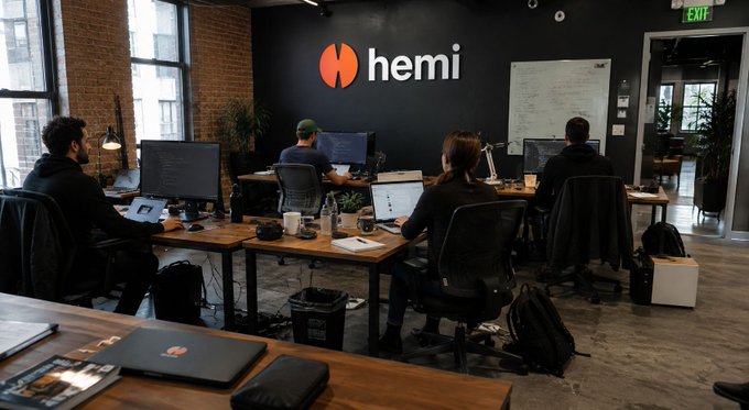 An office workspace where multiple people are working at desks with computers, featuring a large 'hemi' logo on the wall in the background.