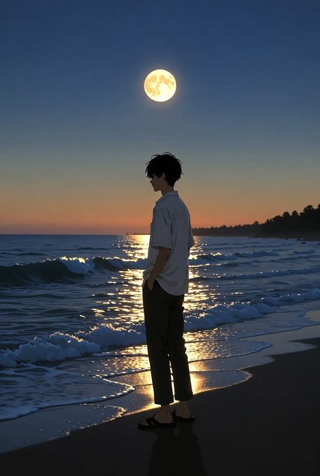 An anime-style illustration of a young man in a white shirt and dark pants standing on a beach at twilight, looking out at the ocean under a glowing full moon.