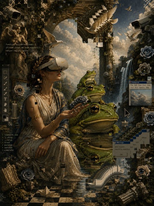 A surreal, classical-style digital artwork featuring a woman in a flowing gown wearing a VR headset, sitting beside a large frog, surrounded by floating doves, roses, computer interface elements, and pixelated glitches.