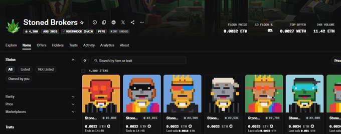 OpenSea listing for the Stoned Brokers NFT collection on Robinhood Chain with 4,300 items, a floor price of 0.0032 ETH, and 24H volume of 11.42 ETH.