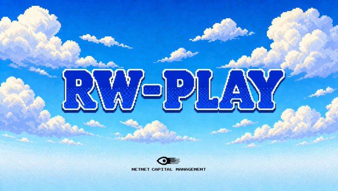 A pixel-art style banner featuring fluffy clouds against a blue sky displays the bold text "RW-PLAY" with the NetNet Capital Management logo beneath, visualizing the company's mission to bring gamified stock onboarding to Robinhood's 27M+ user base through their $NET token.