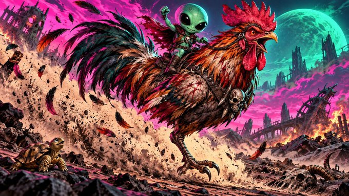 A vibrant fantasy illustration of a green alien riding a massive, battle-worn rooster through a dusty, apocalyptic wasteland under a purple sky with a large moon.