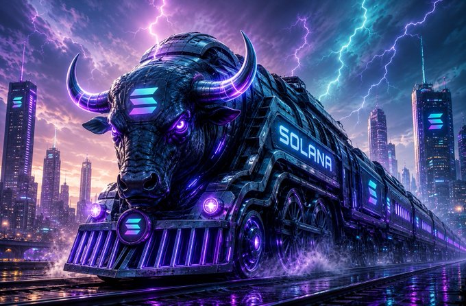 A cyberpunk-style armored train shaped like a powerful bull emblazoned with "SOLANA" thunders through a neon-lit futuristic cityscape under a stormy, lightning-filled sky, symbolizing Solana's unstoppable momentum and bullish market trajectory.