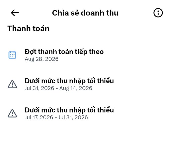 A Vietnamese-language screen titled 'Chia sẻ doanh thu' (Revenue Sharing) under the heading 'Thanh toán' (Payment), showing a next payment date of Aug 28, 2026, along with two warnings 'Dưới mức thu nhập tối thiểu' (Below minimum income threshold) for July and August 2026.